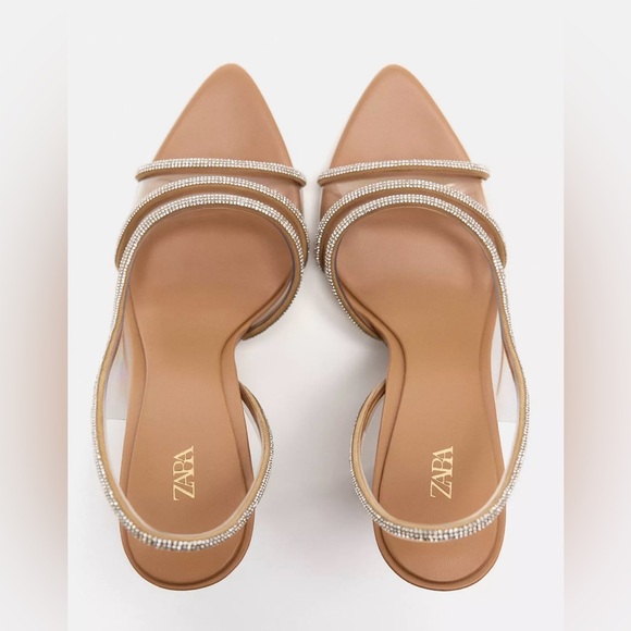 NEW - Zara Women's Tan Strappy Rhinestone High Sandal Heels EU Size 39 / US 8 - Picture 5 of 12
